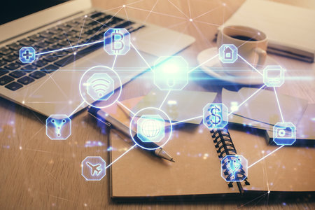 Double exposure of social network drawing and desktop with coffee and items on table background. Concept of international connection.の写真素材