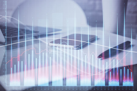 Double exposure of forex graph drawing and cell phone background. Concept of financial data analysisの写真素材