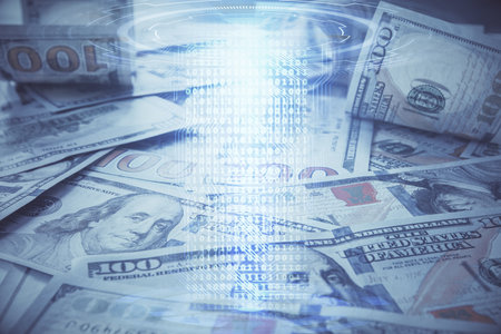 Double exposure of data theme drawing over us dollars bill background. Technology concept.の写真素材