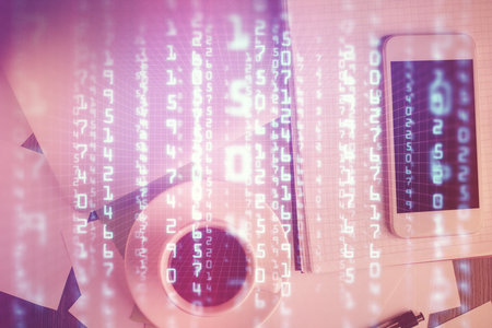 Double exposure of technology theme drawing over work table desktop. Top view. Global data analysis concept.の写真素材