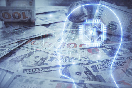 Double exposure of brain drawing over us dollars bill background. Technology concept.