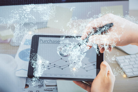 Double exposure of man's hands holding and using a phone and social network theme drawing.の写真素材