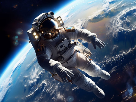 Futuristic astronaut in an open space environment with planet Earth in the background. The astronaut is wearing a sleek, high-tech space suit. space research concept. Generative AI.の素材