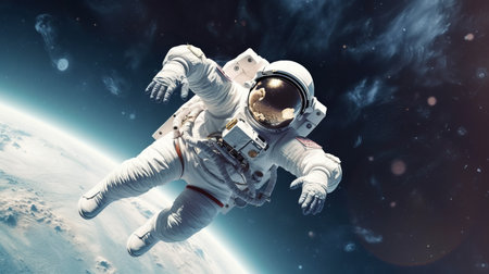 Futuristic astronaut in an open space environment with planet Earth in the background. The astronaut is wearing a sleek, high-tech space suit. space research concept. Generative AI.の素材