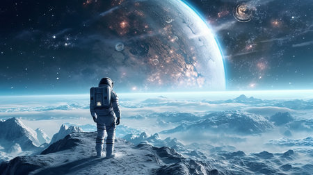 Scene of an astronaut standing on an unknown icy planet with a breathtaking landscape. The astronaut is wearing a futuristic space suit with a helmet. concept of discovery. Generative AIの素材