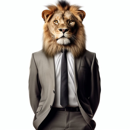 A Lion Businessman Commands Attention in a Sharp Suit and Tie, with a Clean White Backdrop to Highlight His Presence. Concept of success in business and animal power. Generative AI.の素材
