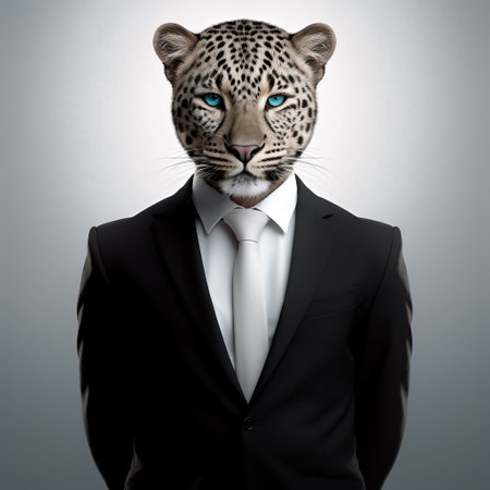 A Confident Leopard Businessman Stands Out in a Flawless Suit, Set Against a Blank White Canvas to Emphasize His Professionalism. Concept of success in business and animal power. Generative AI.の素材