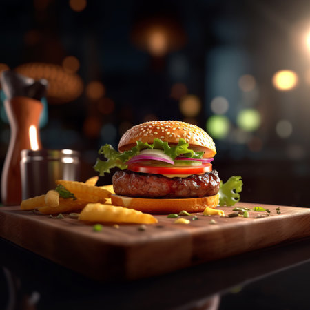 Dig into a Delicious Burger and Crispy Fries in a Laid-Back Bar Atmosphere, Presented on a Rustic Wooden Plate that adds to the Casual Charm of this Establishment. Blurred background. Generative AI.の素材