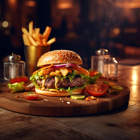 Enjoy the Ultimate Comfort Food in a Hipster Bar with a Sizzling Hamburger and Perfectly Cooked Fries on a Natural Wooden Platter, Perfect for a Laid-Back Night with Friends. Generative AI.の素材