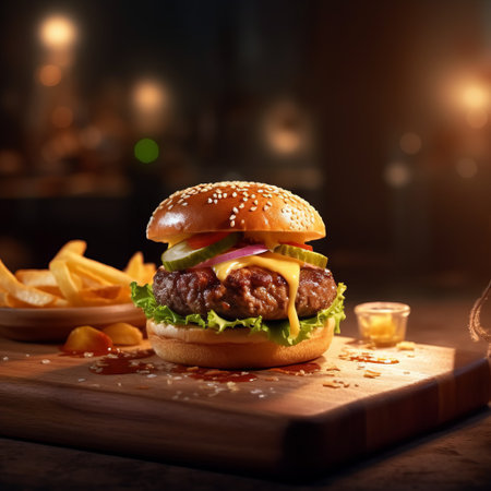 Get Your Appetite Going with a Mouth-Watering Burger and Fries Platter, Presented on a Rustic Wooden Platter, the Must-Try Dish at this Charming Bar and Grill. Generative AI.の素材