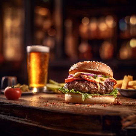 Get Your Fix of Comfort Food with a Perfectly Prepared Burger, Golden Fries, and a Pint of Beer on a Rustic Wooden Plate, Ideal for a Laid-Back Evening in this Charming Bar. Generative AI.の素材
