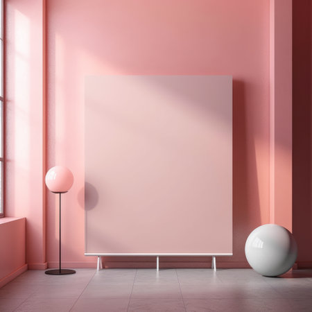 Front view blank pink poster on light wall in modern gallery interior, mockup. Generative AIの素材