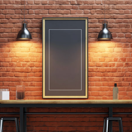 Front view blank black poster on brick wall with lamp in loft bar interior, mockup. Generative AIの素材