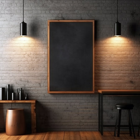 Front view blank black menu frame on brick wall with lamp in loft cafe interior, mockup. Generative AIの素材