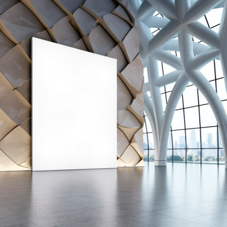 Perspective view of blank white billboard standing on concrete floor in spacious modern office center hall interior, mockup. Generative AIの素材