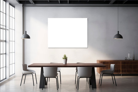 Meeting room with window and blank white poster, mockup. Generative AIの素材