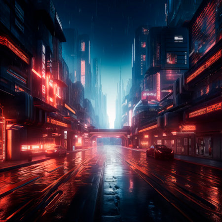 Futuristic neon-lit cityscape with rain-soaked streets, glowing signs, parked cars, and vehicles in motion at night. Generative AIの素材