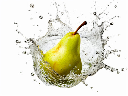 Falling pear fruit meets water in a splash, white background. Lots of crystal drops. AI generative illustration.の素材