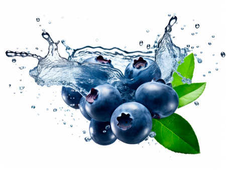 Falling blueberries meets water in a splash, white background. Lots of crystal drops. AI generative illustration.の素材