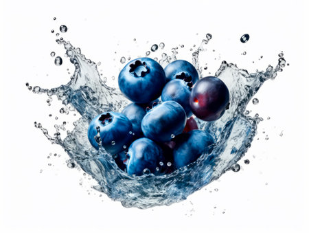 Falling blueberries meets water in a splash, white background. Lots of crystal drops. AI generative illustration.の素材