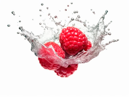 Falling raspberries meets water in a splash, white background. Lots of crystal drops. AI generative illustration.の素材