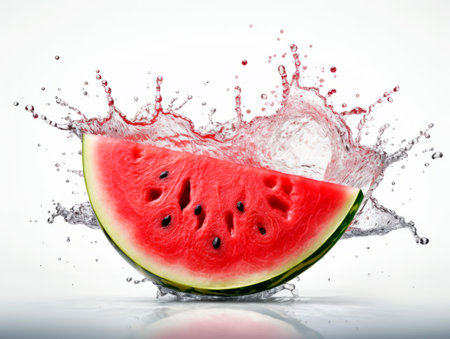 Falling slice of watermelon meets water in a splash, white background. Lots of crystal drops. AI generative illustration.の素材