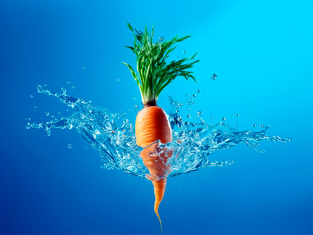 Falling carrot vegetable meets water in a splash, blue background. Lots of crystal drops. AI generative illustration.の素材