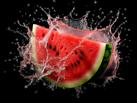 Falling slice of watermelon meets water in a splash, black background. Lots of crystal drops. AI generative illustration.の素材