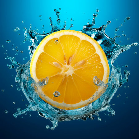 Falling lemon fruit meets water in a splash, blue background. Lots of crystal drops. AI generative illustration.の素材