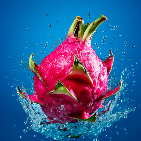 Falling dragon fruit meets water in a splash, blue background. Lots of crystal drops. AI generative illustration.の素材