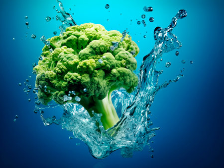 Falling broccoli vegetable meets water in a splash, blue background. Lots of crystal drops. AI generative illustration.の素材