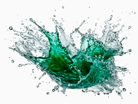 green Colored water splash, white background. Lots of crystal drops. AI generative illustration.の素材