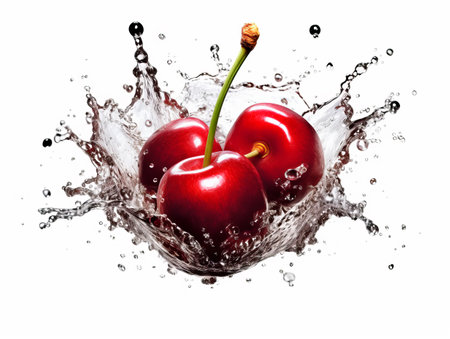 Falling cherry fruit meets water in a splash, white background. Lots of crystal drops. AI generative illustration.の素材