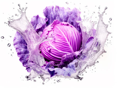 Falling red cabbage vegetable meets water in a splash, white background. Lots of crystal drops. AI generative illustration.の素材