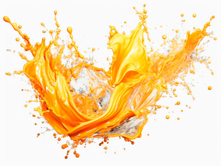 Falling orange fruit become an orange juice meets water in a splash, white background. Lots of crystal drops. AI generative illustration.の素材