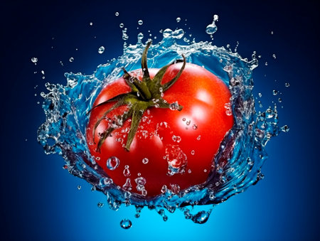 Falling tomato vegetable meets water in a splash, blue background. Lots of crystal drops. AI generative illustration.の素材