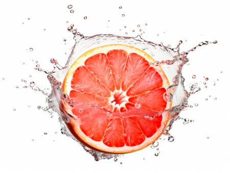 Falling grapefruit fruit meets water in a splash, white background. Lots of crystal drops. AI generative illustration.の素材