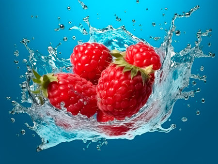 Falling raspberries meets water in a splash, blue background. Lots of crystal drops. AI generative illustration.の素材