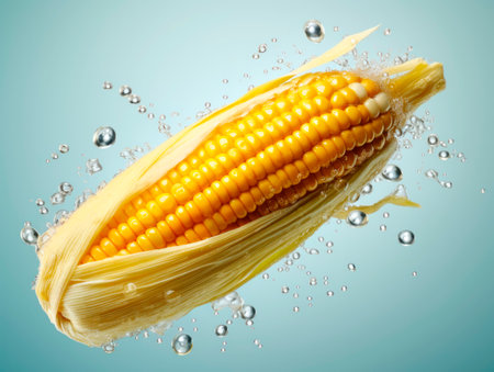Falling corn vegetable meets water in a splash, white background. Lots of crystal drops. AI generative illustration.の素材