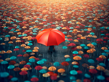 Be different concept, single red umbrella between many black ones on a rainy day. Choice, leadership. Ai Generativeの素材
