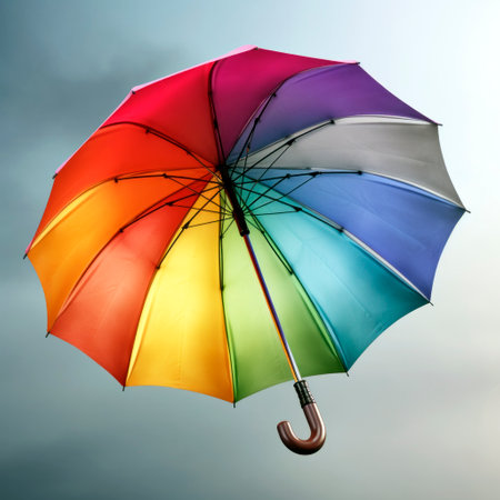 Rainbow colored umbrella in rainy cloudy background. Ai generative illustrationの素材
