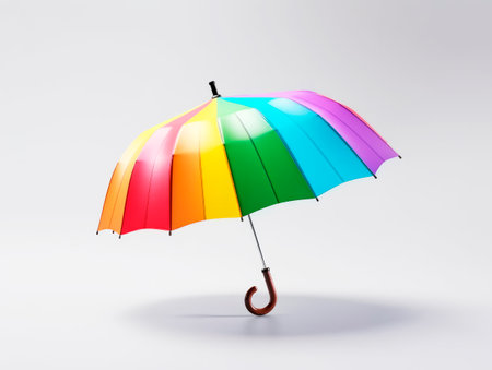 Rainbow colored umbrella in rainy cloudy background. Ai generative illustrationの素材