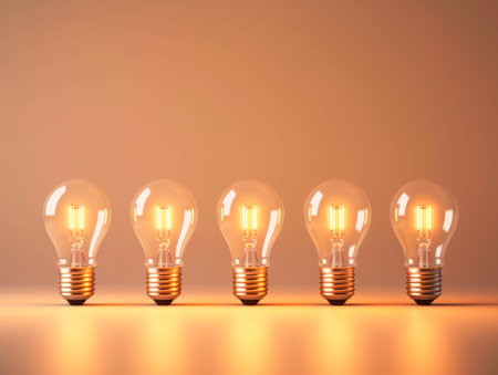 A row of glowing white light bulbs, capturing attention with symbolic power of choice. The concept of Idea. AI generative.の素材
