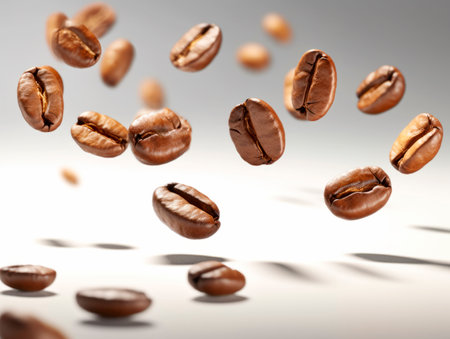 Falling Roasted Coffee Beans, Macro Shot, close-up. Ai Generative illustrationの素材