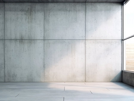 Empty room interior with concrete walls, grey floor with light and soft skylight from window. Background with copy-space. Ai Generative illustrationの素材