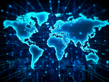 Digital world map background, earth network. Worldmap in neon light blue display screen, worldwide connection and telecommunication technology. Ai generative illustrationの素材