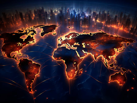 Digital world map background, earth network. Worldmap in neon light orange display screen, worldwide connection and telecommunication technology. Ai generative illustrationの素材