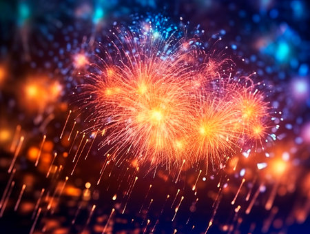 Colorful firework on dark background. New Year celebration, Abstract holiday texture. Ai Generative illustrationの素材