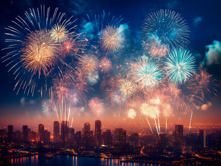 Beautiful night cityscape with the city lights on. Skyscrapers skyline waterfront with fireworks. New Year holiday celebrating concept. Ai Generative illustration.の素材