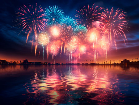 Beautiful night harbor with lights on. Boats lake waterfront with fireworks. New Year holiday celebrating concept. Ai Generative illustration.の素材
